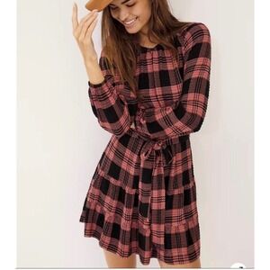 Cloth & Stone Anthropologie Daia Pink Black Plaid Tie Waist Mini Dress Large